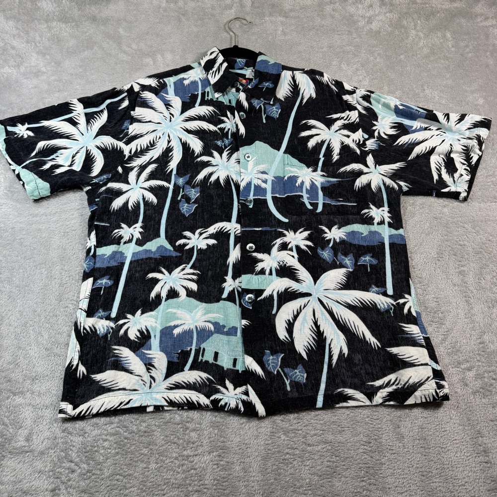 Vintage Jams World Button Up Shirt Mens Medium Black Palm Tree Tropical Hawaiian